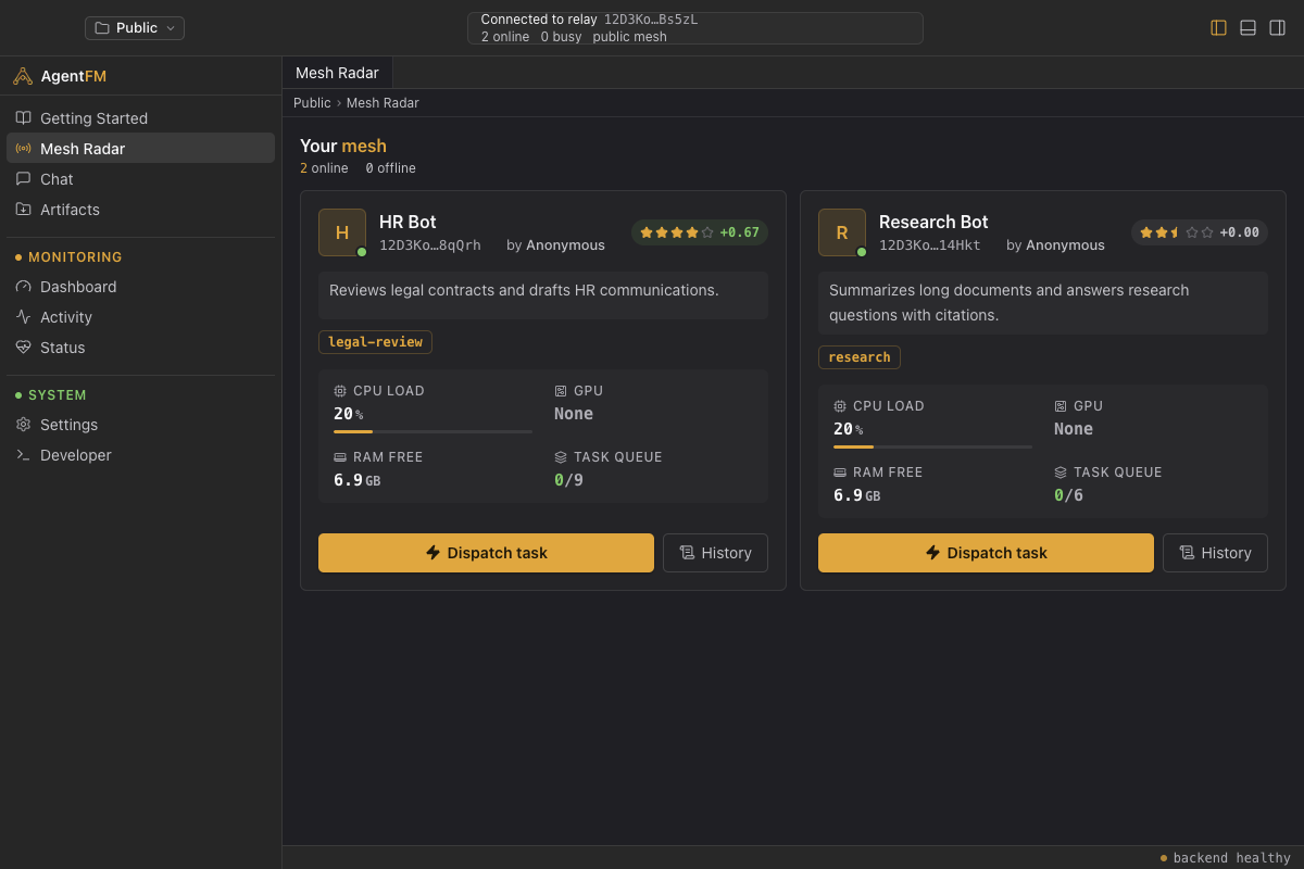 AgentFM desktop Mesh Radar showing two live agents with hardware telemetry and honesty ratings